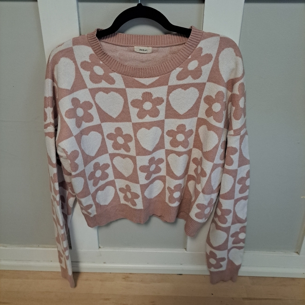 Debut Pink & White Heart and Flower Checkered Sweater – Size L
